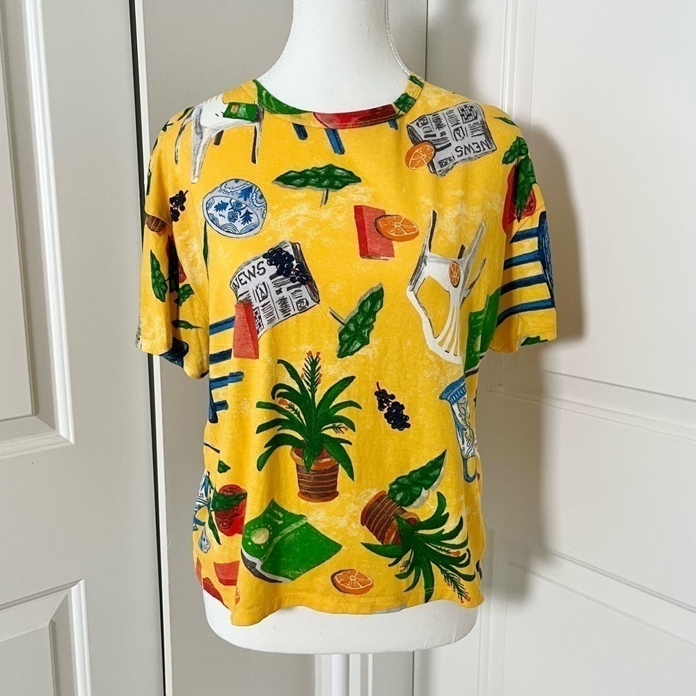 Zara Summer Patio Graphic Boxy Tee T-Shirt-Yellow Multicolor-Women Size Medium